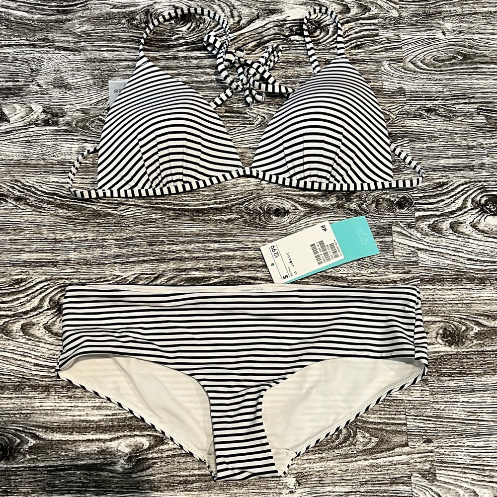 Black and white striped 2 piece bikini